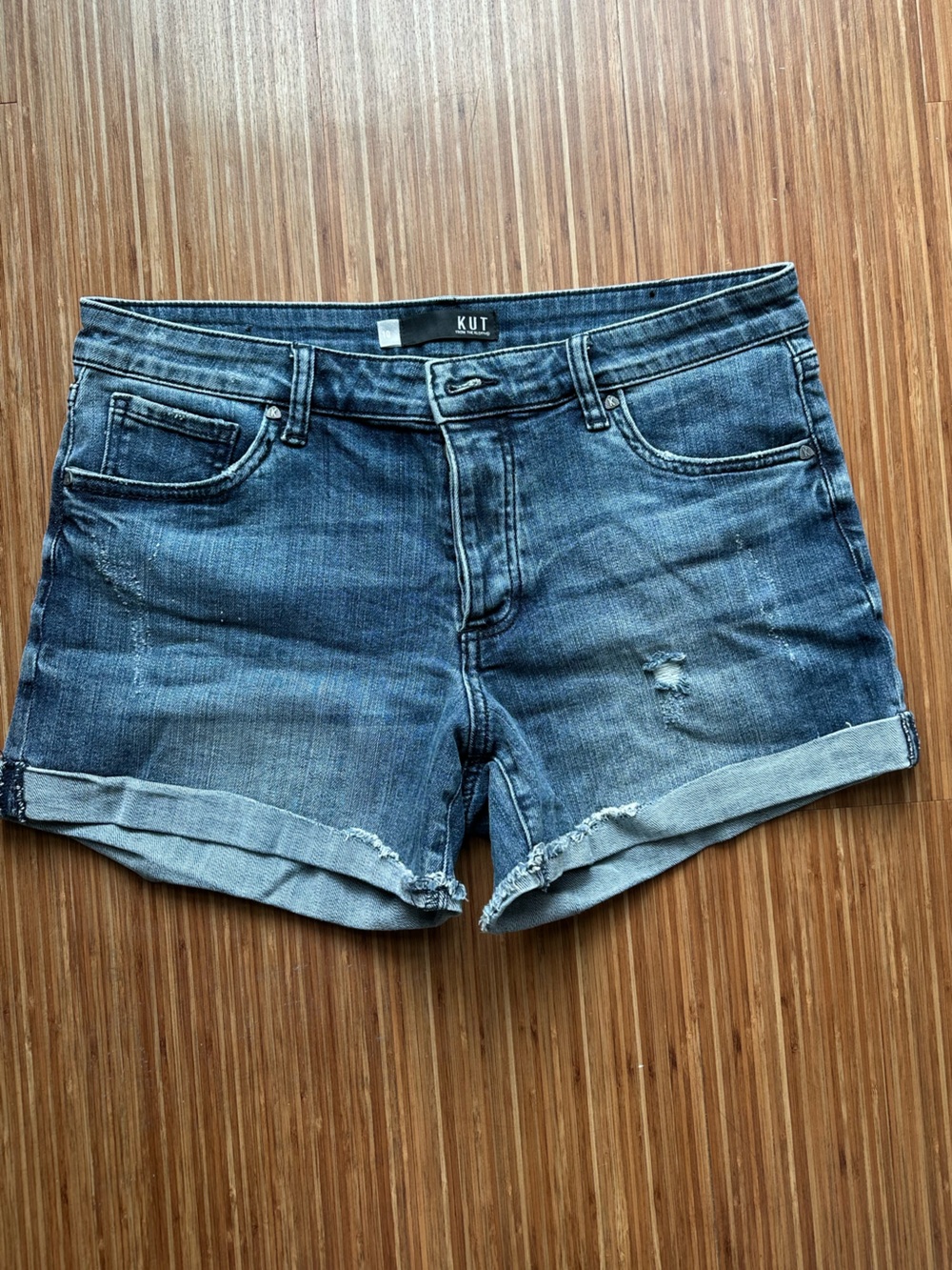 Kut from the Kloth Distressed Mid-Blue Denim Cropped Boyfriend Shorts, 10